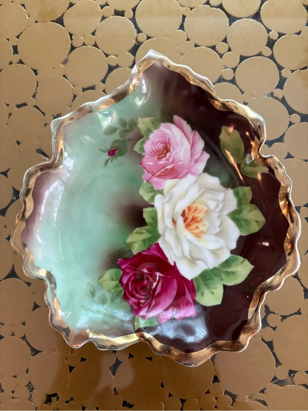 VINTAGE Hand Painted Dish! Leaf shape with Roses & Gold trim.